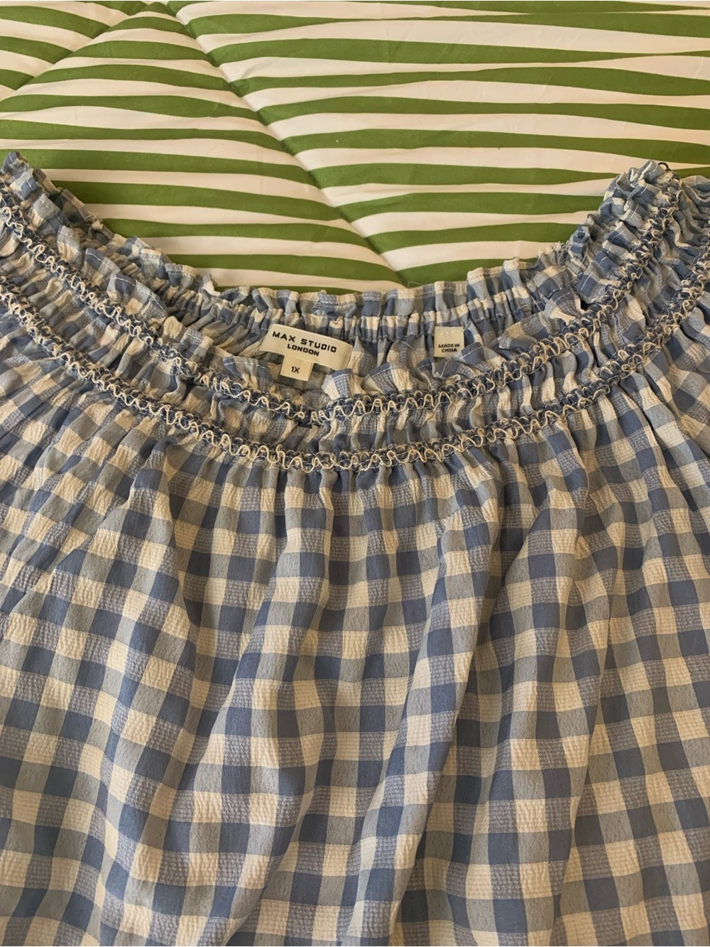 Max Studio Blue and White Gingham Off-Shoulder Top - Picture 3 of 8
